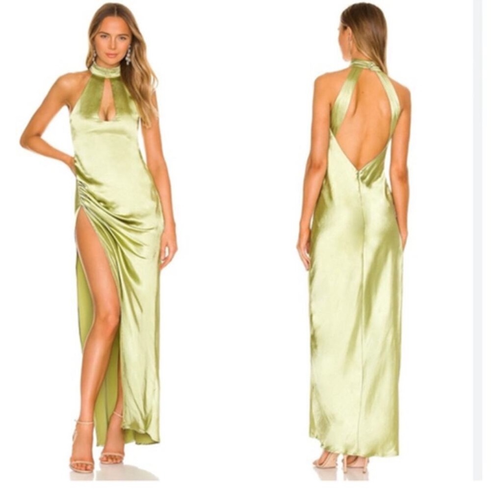 NWT For Love and Lemons Pia Lime Green High Neck Satin Dress Gown XS